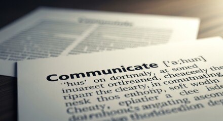 Fototapeta premium Close-up of dictionary page featuring 'Communicate' definition under warm sunlight