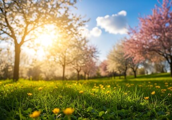 Naklejka premium Vibrant spring meadow with blooming cherry blossom trees under a bright sunny sky with fluffy clouds, showcasing a lush green field dotted with small yellow flowers