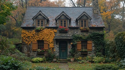 Charming Cottage in Autumn: A picturesque stone cottage, draped in vibrant autumn foliage, exudes warmth and tranquility with its cozy dormer windows and inviting entrance.