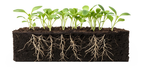 Group of Young Soy Bean Seedlings Growing in Cube of Soil with Visible Roots Isolated on Transparent Background