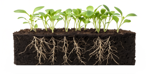 Group of Young Soy Bean Seedlings Growing in Cube of Soil with Visible Roots Isolated on Transparent Background