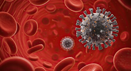 Microscopic view of dangerous coronavirus particles infecting red blood cells within a human circulatory system, highlighting a critical health threat