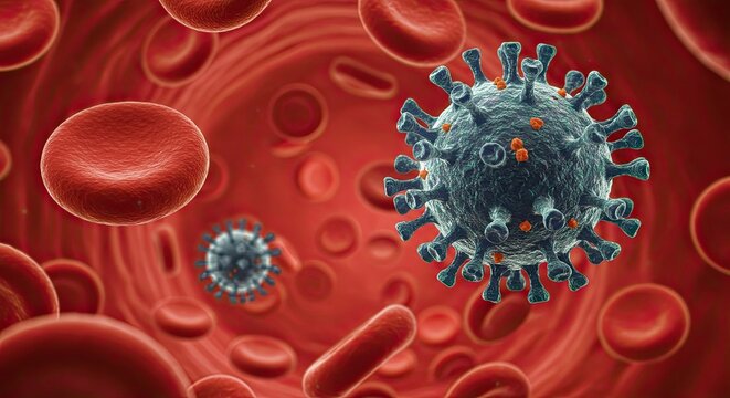 Microscopic view of dangerous coronavirus particles attacking red blood cells within a human artery, illustrating the threat of viral infection spreading through the bloodstream causing illness. - Powered by Adobe