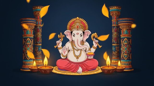 Animated Ganpati Bappa Diwali Celebration with Falling Petals and Glowing Diyas, Perfect for