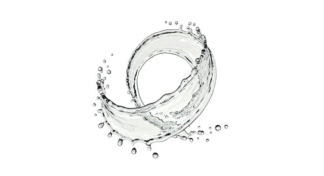 Dynamic clear water splash frozen mid-air creating an elegant swirling vortex with tiny droplets scattering outwards