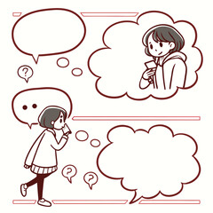 Line frame text speech bubble set. Line balloon frame design talk speech bubble frame. Comic japan style design conversation text dialog balloon, simple doodle thinking cloud. Vector illustration