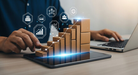 Business growth concept with rising bar chart and digital icons