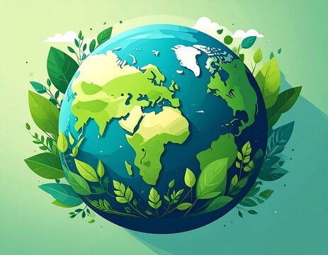Illustration of Earth with green leaves, eco-friendly 