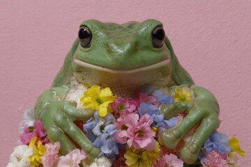 Close-up of a green frog statue, adorned with a garland of colorful flowers, set against pink