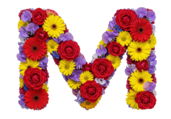 Isolated floral letter M featuring red roses, gerberas, and purple sweet pea flowers, design