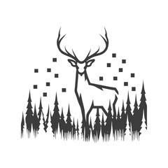 A simple line drawing shows deer standing in pine trees surrounded by black squares