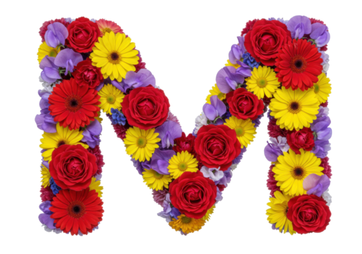Isolated floral letter M featuring red roses, gerberas, and purple sweet pea flowers, design