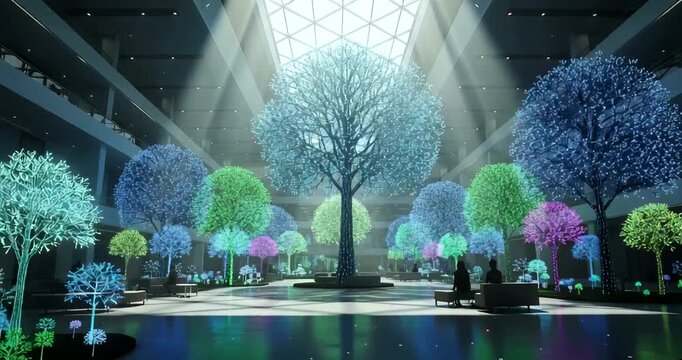 Vibrant illuminated trees in a modern atrium with sunlight streaming through