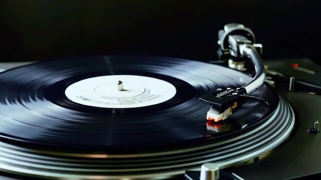 Groovy spinning record on turntable playing classic vinyl tunes evokes retro vibes and musical nostalgia in a dark room atmosphere