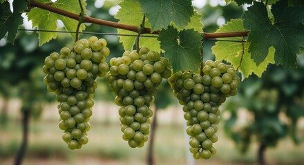 Fototapeta premium Close-up of three ripe green grape bunches on a vine in a blurred vineyard