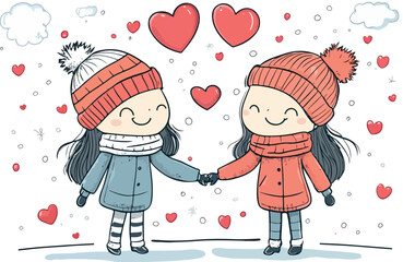 Two happy cartoon girls in winter hats and coats holding hands with hearts floating around