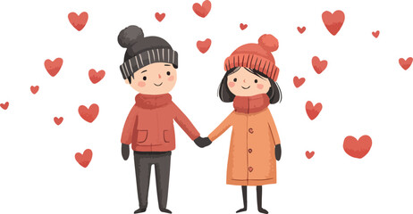 Cute cartoon couple holding hands surrounded by red hearts on white background