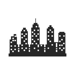 Black cityscape silhouette shows windows lighting up the buildings at night