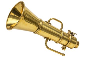 Isolated antique brass ear trumpet, vintage hearing device used to assist deaf individuals