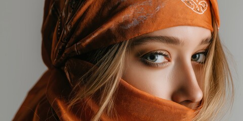 Young woman with striking blue eyes wearing an orange scarf draped elegantly on her head for a fashion shoot.
