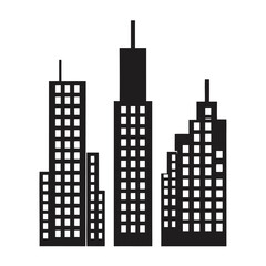 Black pixel art cityscape silhouette against a white background showcases urban minimalist vector