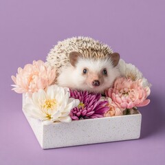 Adorable hedgehog nestled amidst vibrant blooms in a square container against a purple backdrop
