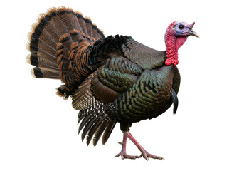 Isolated turkey showing off its beautiful tail feathers, standing proud in side view