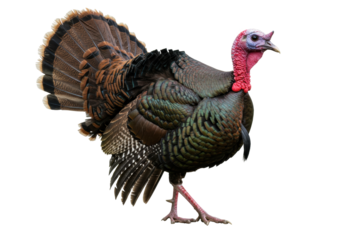 Isolated turkey showing off its beautiful tail feathers, standing proud in side view