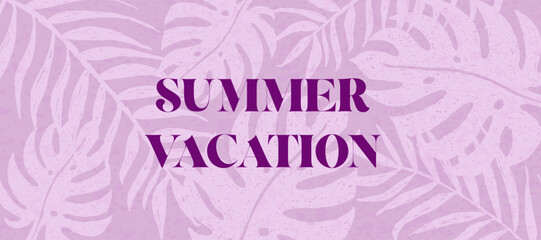 Purple text 'Summer Vacation' on a light purple background with palm leaf patterns. Template for horizontal banner