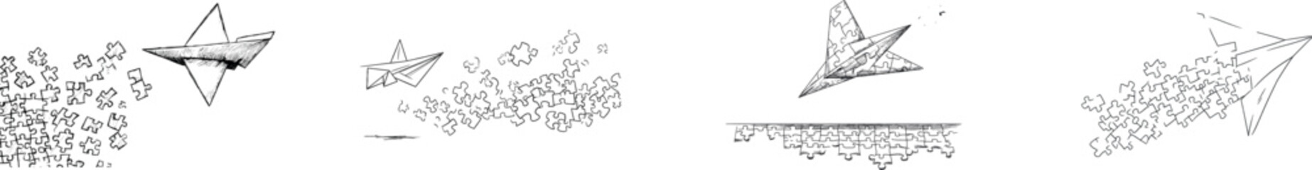 The idea of solving problems and finding solutions in business is conveyed through a continuous line drawing that combines a flying paper plane with interconnected jigsaw puzzle pieces, all rendered