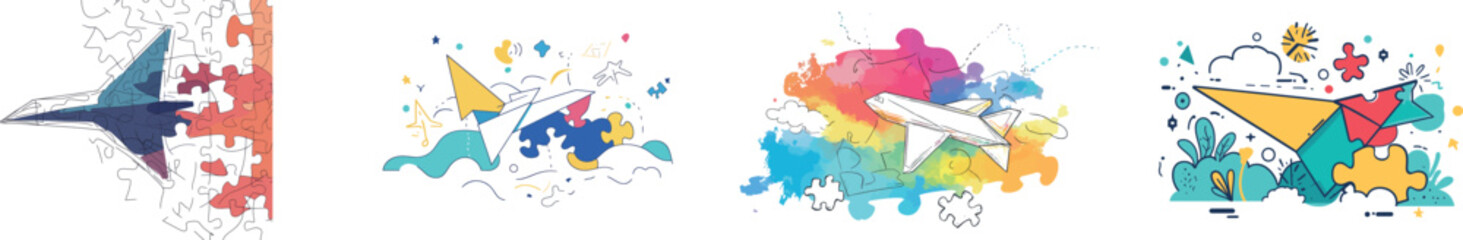 A continuous line drawing of a paper plane flying upwards, connected to puzzle pieces that complete a jigsaw, represents a business metaphor for problem-solving and solution-oriented ideas and