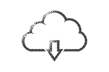 Distressed cloud with downward pointing arrow shows download icon in grayscale vector