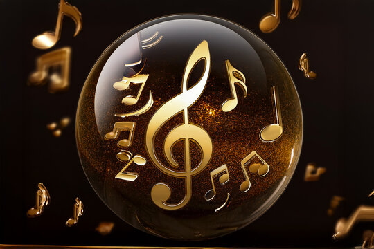 Schlichte elegante Kugel aus Glas mit schwebenden goldenen Musik Noten und Schlüsseln