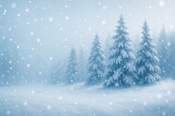 A tranquil snowy forest scene with gently falling snowflakes.