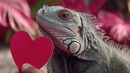 A close-up shot of a grey iguana holding a red heart, set against a floral background