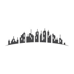 Gray city skyline ascends from an arc, showing multiple buildings against white