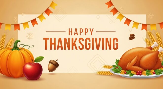 Festive thanksgiving illustration with pumpkin, apple, turkey and celebratory decorations