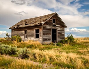 Weathered farmhouse in a golden field