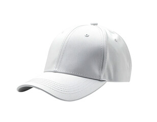 A white baseball cap angled to the side, showcasing a curved brim and top detail
