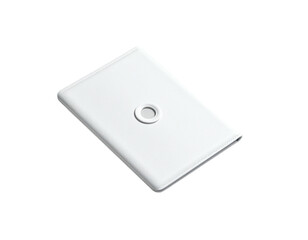 Angled view of a white rectangular device with a circular indentation