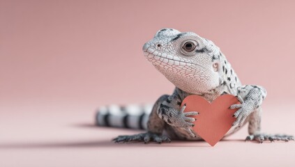 Lizard holding red heart on a pink backdrop, eye-level shot emphasizing detail and texture