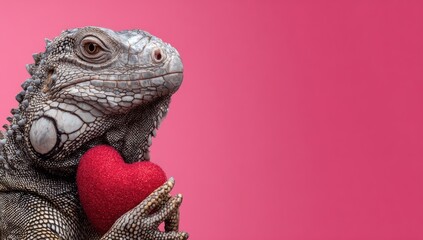 A close-up of a gray iguana holding a red heart against a vibrant pink background