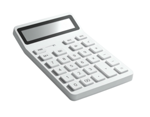 A white calculator with a display screen sits against a black background