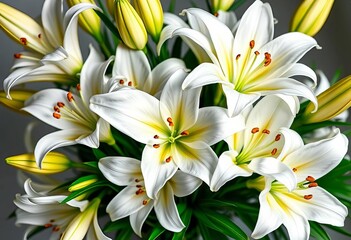 Obraz premium Elegant white lilies arranged in a bouquet, lush and pristine, photography, lilies of the valley