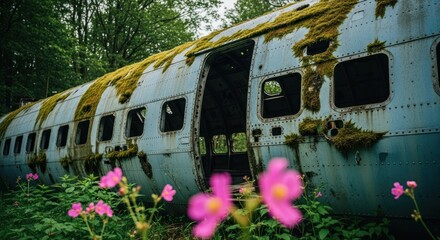Derelict, moss-laden aircraft fuselage rests in overgrown forest, pink blooms blur foreground