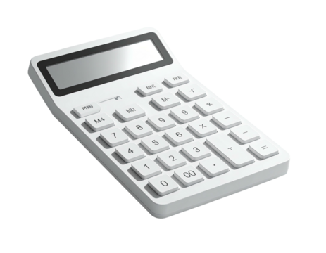 A white calculator with a display screen sits against a black background