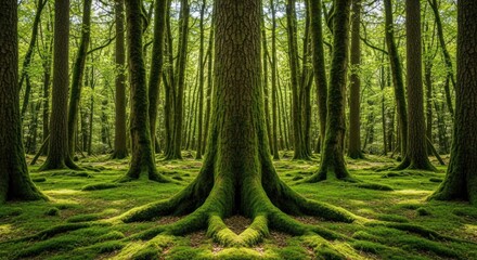 Naklejka premium Dense green forest with ancient trees, mossy trunks, and sprawling roots on a sunlit floor