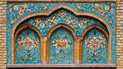 Detailed floral tilework in blue and gold adorns three arched sections of a brick wall