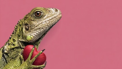 A close-up of a lizard with green and yellow scales, holding a red heart