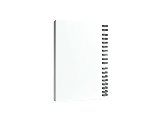 A white notebook, spiral-bound, with blank pages and an open position